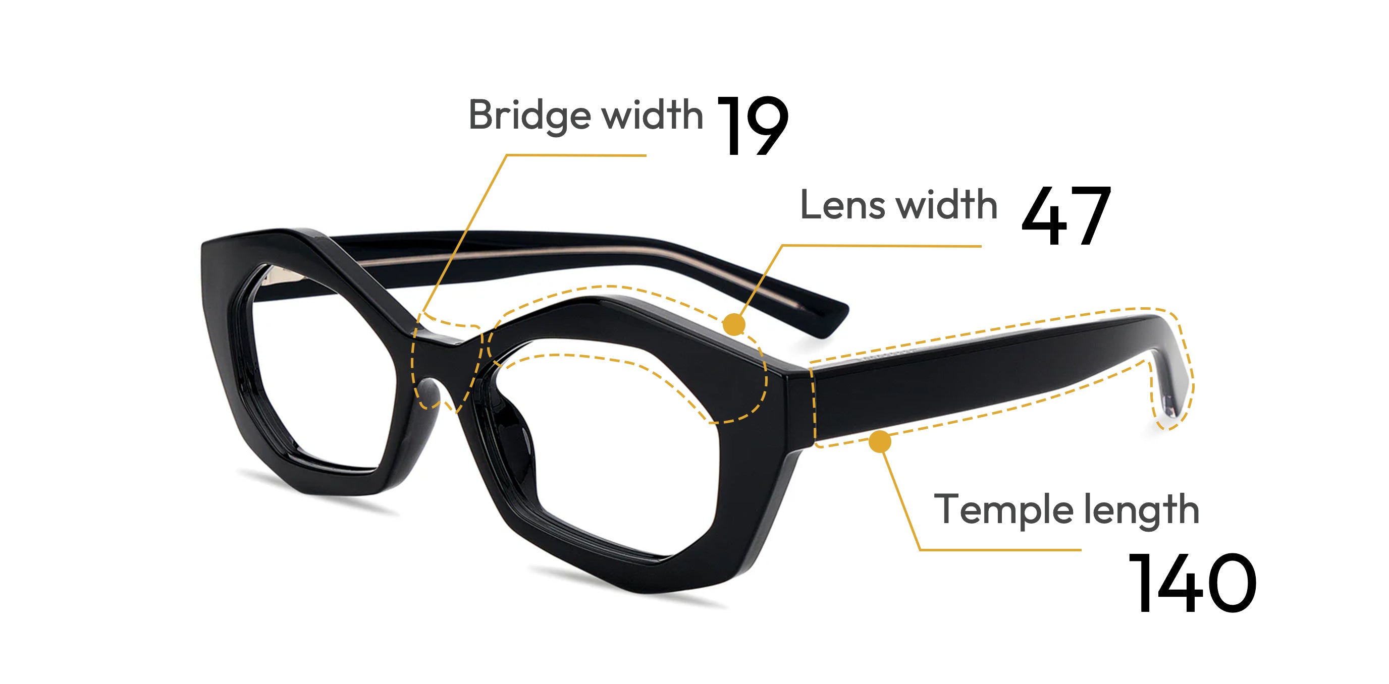 Glasses lens, bridge and temple measurements